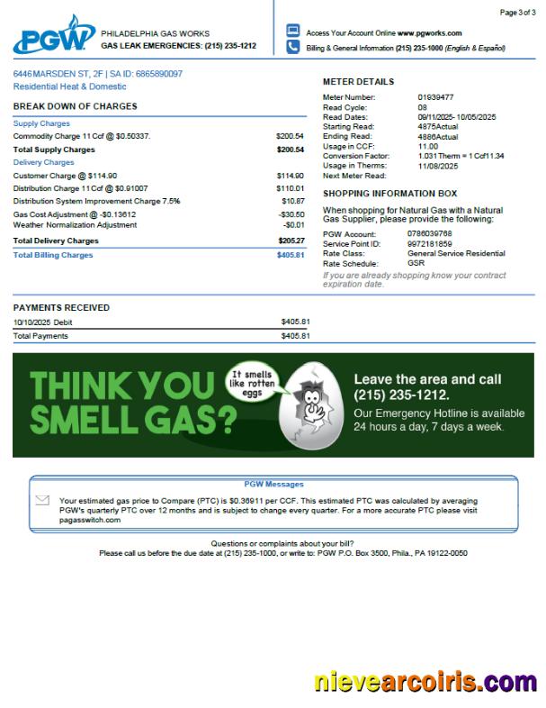 USA Philadelphia Gas Works utility bill, 3 pages 3rd page